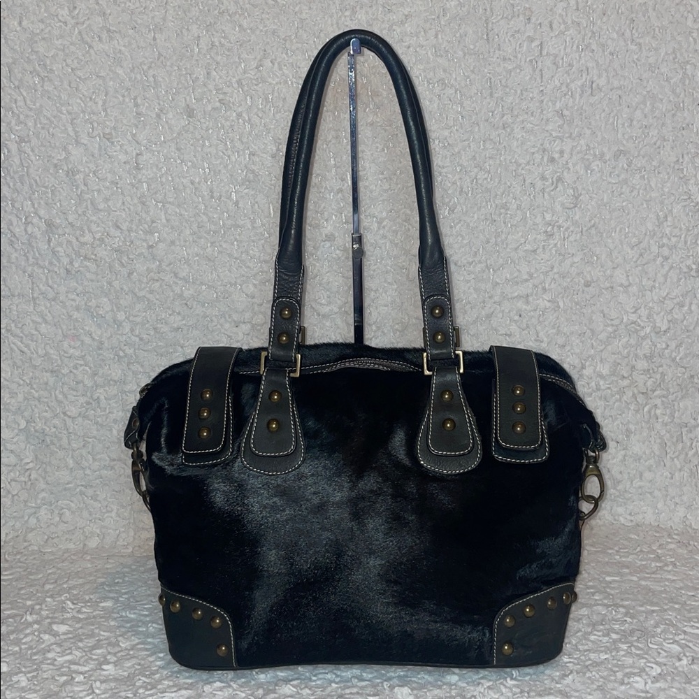 Guia’s Y2K Rare Calf Pony Hair & Leather Stud Zip Shoulder Tote Bag in Black